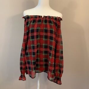 Billowy plaid off the shoulder blouse